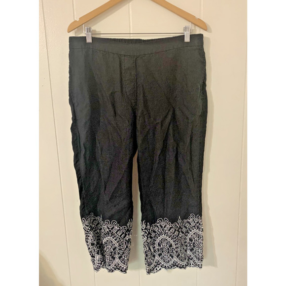Chico's Pants - Chico's Pull On Embroidery Linen Crop Pants Black White Size 2p/12p Resort